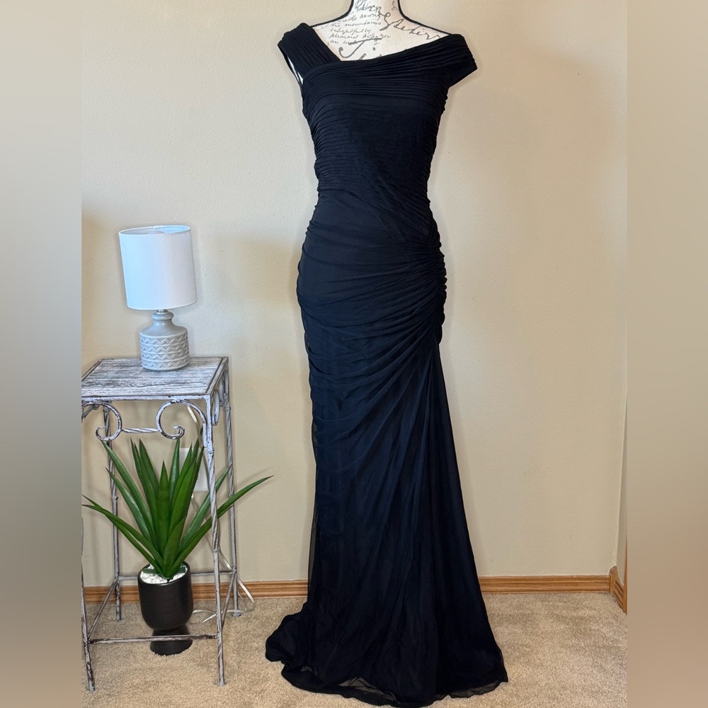 TADASHI SHOJI Black Evening Gown Dress Formal Rouched Stretch Floor Length Long